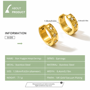 ต่างหูห่วงทรงดาวประดับเพชรซิร์คอน สแตนเลสสตีล ชุบทอง 14K แบบสุญญากาศ - Product Image 2