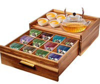 Organisateur de thé en bois d'acacia, boîte de rangement carrée avec 12 compartiments, boîte à thé et organiseur de sachets, tiroir