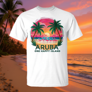 Camiseta Premium Promocional de Aruba's One Happy Island con Hermosa Vista de la Playa al Atardecer y Flamencos - Product Image 3