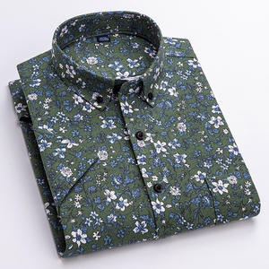 Kemeja Pria Musim Panas 2024 Motif Bunga 100% Katun, Cetak Hawaii, Kerah Lapel, Model Slim Fit, Lengan Pendek - Product Image 1