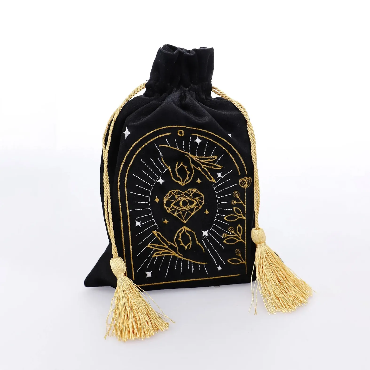 Sac à cordon en velours brodé, pochette de tarot, glands, vente en gros personnalisée