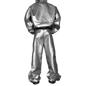 Unisex Silver Metallic Tracksuit Set Full <b>Zip</b> <b>Hooded</b> Loose Fit Streetwear Pants With Side Pockets Autumn Wear - Product Image 2