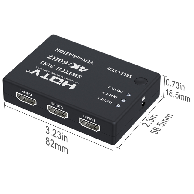 3 in 1 Out Video Switch 4K 60Hz HDR, 3-Port HDTV Video Selector with IR Remote Control & USB Power Cable Full Kit