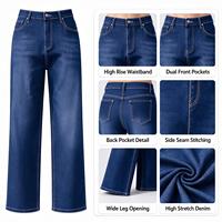 Jean en denim bleu marine taille haute à jambe large pour femme, idéal pour les sorties estivales en bord de mer