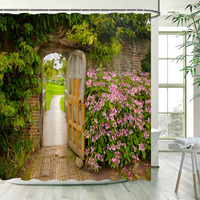 Printemps Jardin Rideaux De Douche Rose Rose Clôture En Bois Fleurs Plantes Bleu Porte Méditerranée Nature Paysage Salle De Bains Décor Ensemble