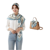 Foulard carré en soie de mûrier 70 cm bleu ciel à imprimé Jardin Botanique pour femme, idéal comme foulard d'été et pour décorer les sacs, parfait pour les mariages musulmans