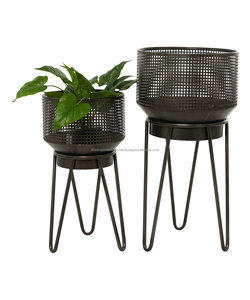 <b>Black</b> <b>Polished</b> Metal Planter with Gold Stand Indoor Outdoor Iron Pot Set Pattern Home Decor Garden Plants - Product Image 4