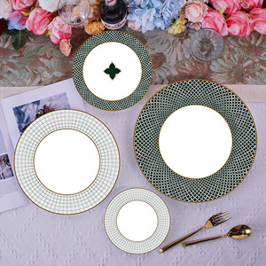 Bộ đồ ăn sứ xương cao cấp kiểu dáng cổ điển, họa tiết hoa hình cỏ ba lá màu xanh, đĩa lót trang trí, bộ đồ ăn gốm sứ dùng cho sự kiện & dịch vụ ăn uống - Product Image 1