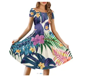 Hibiscus élégant avec imprimé feuille col rond manches courtes robe de dîner polynésienne hawaii ajusté et évasé robes pour femmes 2023