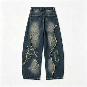 Vaqueros de mezclilla de cintura alta y pierna ancha - Bordados a mano con estrellas, lunas, sol y corazones, estilo vintage desgastado y deshilachado, streetwear, largos y holgados - Product Image 2