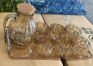 Sáng Tạo sọc thủy tinh Nước lạnh Ấm đun nước với ly và khay đặt thủy tinh Tea Pot <span class=keywords><strong>Set</strong></span> gân bí ngô hình dạng thủy tinh bình với <span class=keywords><strong>Cup</strong></span> - Product Image 6