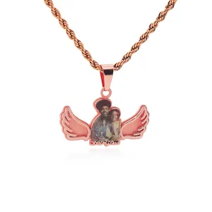 Custom Photo Name Necklace Personalized Pink Name With Stainless Steel Rope Chain Fashion Wings Pendant For Women Men Gift