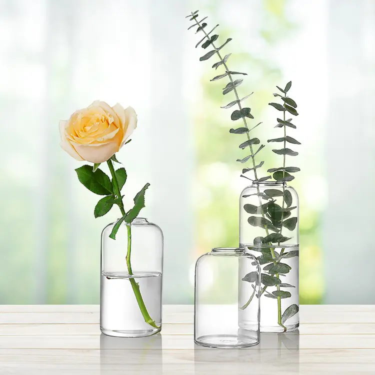 Grande cilindro alto murano trasparente fiore rettangolo rotondo bocciolo di vetro vaso prezzo economico con consegna di sicurezza in magazzino