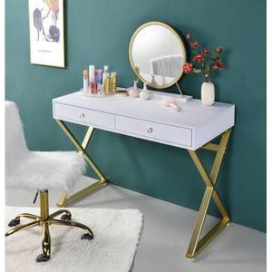 Coleen Modern Solid Wood White & Gold Finish <b>Vanity</b> Desk with Lighted Standing Mirror & Jewelry Tray - Product Image 1