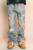 Jean en denim ample et large à taille mi-haute, imprimé nuages coucher de soleil, style vintage décontracté, 100 % coton épais, coupe brute, personnalisable ODM/OEM