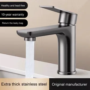 Vòi lavabo đơn tay cầm bằng thép không gỉ hiện đại, nóng lạnh, lắp đặt một lỗ, lõi van gốm, dùng cho nhà tắm gia đình - Product Image 5