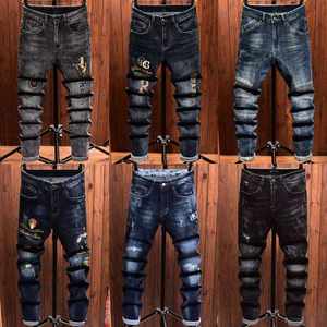 Jean vintage gothique brodé effet vieilli pour <span class=keywords><strong>homme</strong></span>, coupe slim extensible, détails patchwork respirants, style streetwear motard - Product Image 2