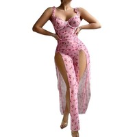 Ensemble de pyjama pour femmes, robe sexy en dentelle à motif floral rose avec fente et string