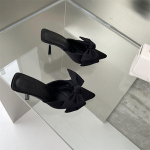 Suede Upper High Heel Pointed Toe <strong>Bow</strong> <strong>Sandals</strong> Thin Heel Summer Slippers - Product Image 3