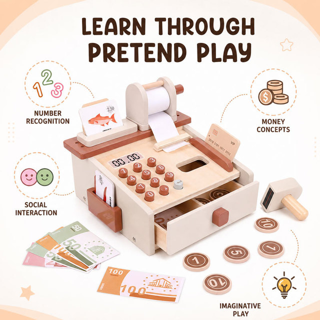 Wooden Cash Register Toy with Scanner Pretend Play Supermarket Set and Play Money