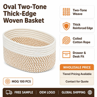 Panier de rangement ovale en corde de coton, bicolore beige et fauve, tressé pour escalier, 12"D x 8"W x 5.1"H