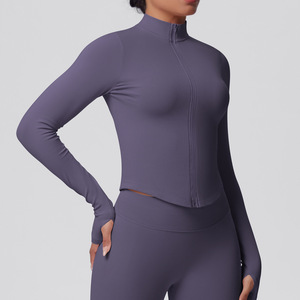 Custom Stand-up Collar Knitted Zipper Long Sleeves Yoga Jacket Women's Quick Dry Yoga <strong>Clothes</strong> Running Workout Sports Jacket - Product Image 4