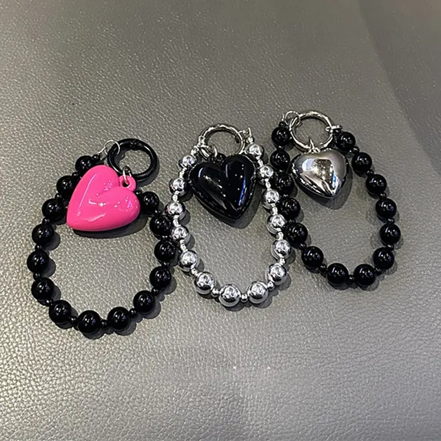 Korean Stylish Love Heart Pendant Beaded Phone Charm Strap Bracelet for iPhone Camera Accessories Bag Women Girl Hanging Cord
