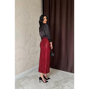 Elegante Falda Midi Brillante de Cintura Alta con Lentejuelas Color Borgoña para Mujer, 100% Poliéster - Product Image 1