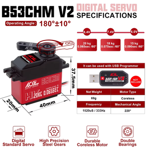 Moteur RC PWM AGFRC B53CHM V2 53g 2uSec à Engrenages Métalliques Double Roulement Sans Noyau 4.8-6V 220° Angle Mécanique Expert Follow Me - Product Image 6