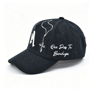 Black Corduroy 5-panel <b>Baseball</b> <b>Cap</b> with <b>LA</b> & Cross Embroidery Gothic Streetwear Adjustable for Men Women - Product Image 2