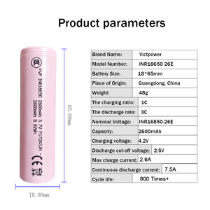 Batería de Iones de Litio Recargable Victpower 18650-26E 2600mAh 3C para Bicicleta Eléctrica, 3.7V, en Stock, Certificación CE/FCC/RoHS, Garantía de 3-12 Meses - Product Image 3