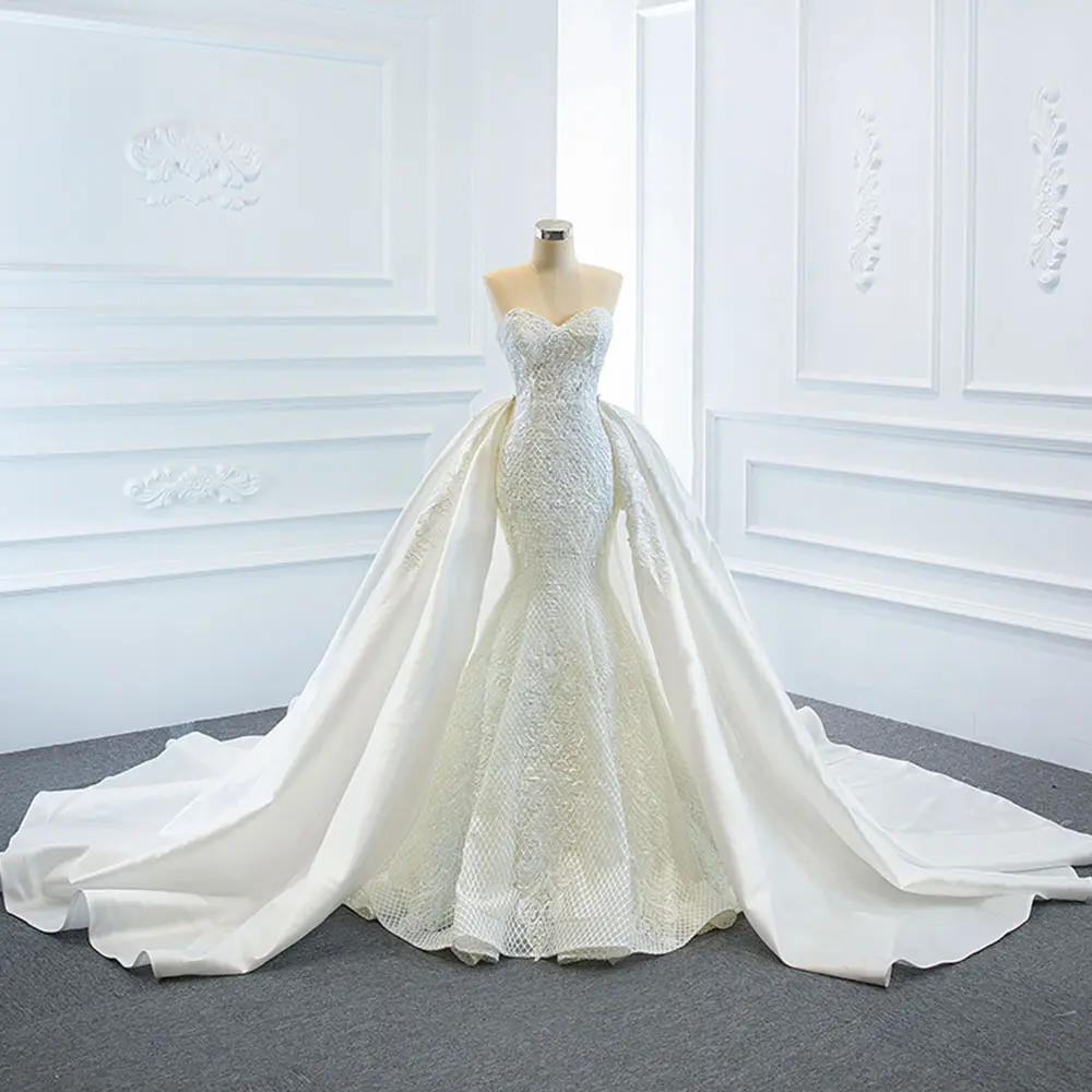 Luxury Mermaid Lace Wedding Dress With Detachable Satin Train Sleeveless Bridal Dress Plus Size 2024 Wedding Gowns