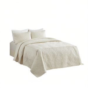 Cream Queen Bedspread 3-Piece Quilt Set Split Corner Pleated Solid Pattern All-Season <b>Bedding</b> - Product Image 1