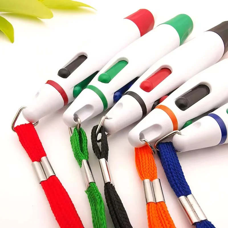 Exhibition Promotional Customized Logo 4 Color Refill Ink Plastic Ballpoint Pen with Lanyard Neck Strap