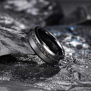 Модные ювелирные изделия 8 мм измельченный черный метеорит инкрустация черный Вольфрам кольцо для мужчин кольца обручальные кольца комфортная посадка - Product Image 2