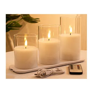 2024 led light flameless led candle glass jar home wedding decor candles rechargeable candles led light with charge base & cable