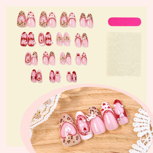 Uñas postizas de San Valentín, diseño de fresa, tendencia de uñas de guepardo, 24 unidades, efecto ombré brillante, estilo Y2K, color rosa, diseño de almendra, con caja. - Product Image 6