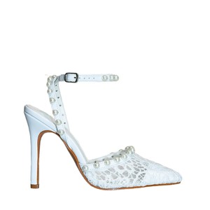 Ladies Lace Slingback High Heel Pumps Pointed Toe Pearl Embellished Ankle Strap <b>Wedding</b> Party Heels - Product Image 6
