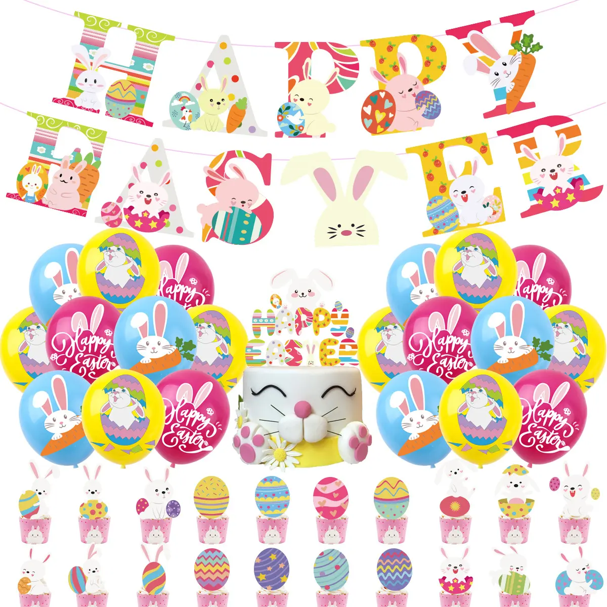 Colorful Easter Bunny Egg Scene Layout White Cardboard Happy Easter Banner balloon cake topper For Easter Decoration