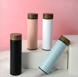 Bouteille d'eau isotherme en acier inoxydable à double paroi 350 ml 500 ml, personnalisable, avec couvercle effet bois, tasse de bureau et cuillère, écologique - Product Image 1