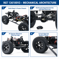 Camion RC Crawler réaliste à l'échelle 1/10 RGT 136100V3 4x4 tout-terrain étanche avec chargeur métallique, haute adhérence, qualité hobby