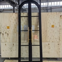 Porte française en acier à battants avec grille, en verre forgé, noir mat, pour l'intérieur et l'extérieur