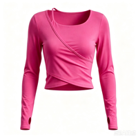 Haut de yoga 2-en-1 premium pour femme à manches longues, col rond, taille croisée sculptante, t-shirt de Pilates mat respirant extensible dans les quatre sens