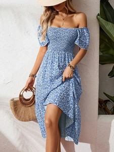 Robes décontractées mi-longues pour femmes, nouvelle collection printemps-été, couleur unie, imprimé floral, col <span class=keywords><strong>carré</strong></span>, manches courtes bouffantes, avec ourlet à volants - Product Image 5