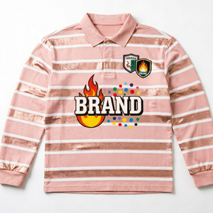 <b>Men's</b> Pink Striped Long Sleeve Polo Shirt With Flame Logo And Crest Patches Casual Wear - Product Image 1
