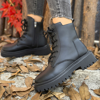 Bottes de combat à plateforme pour femmes, noires, à lacets, avec fermeture éclair latérale, doublure en polaire, semelle épaisse, chaussures tendance automne-hiver
