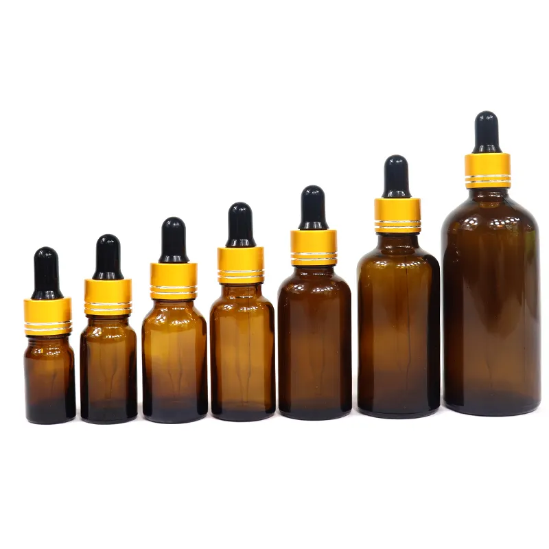 Empty Amber Glass Essential Oil Dropper Bottle With Gold Dropper 10Ml 30Ml 60Ml 100Ml Amber Round Glass Bottle With Dropper