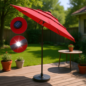 Parasol de patio solaire à 3 niveaux avec 24 LED, 9 pieds, mât en aluminium rouge, ombrage extérieur pour jardin - Product Image 2