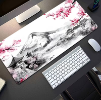 Fleurs de cerisier de style japonais et montagne Tapis de souris Fuji, tapis de bureau étendu, souris et clavier sans fil ; Bords lisses