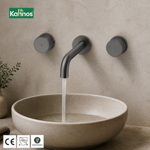Robinet de lavabo mural en métal anthracite, ensemble de robinetterie de salle de bain trois pièces, poignées chaud/froid, design moderne et minimaliste - Product Image 1